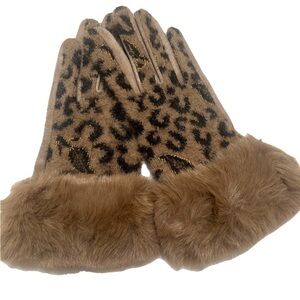LEOPARD Print Faux Fur Trim Winter Gloves NIB